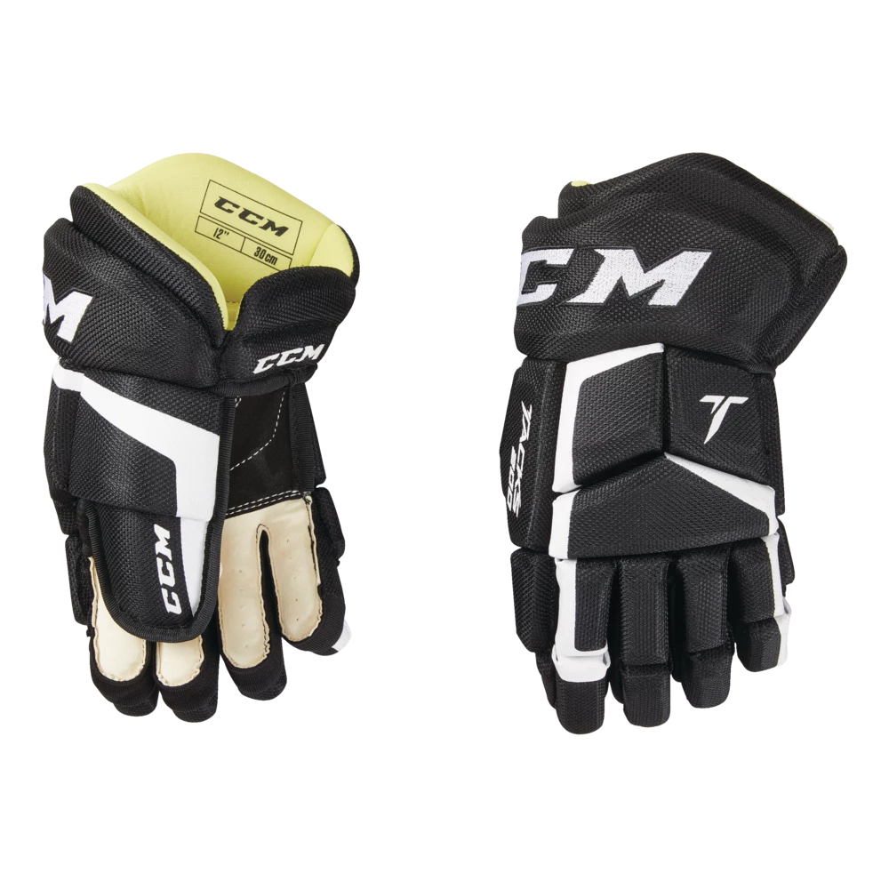 CCM Tacks 202 Junior Hockey Gloves, 12-in, Black & White